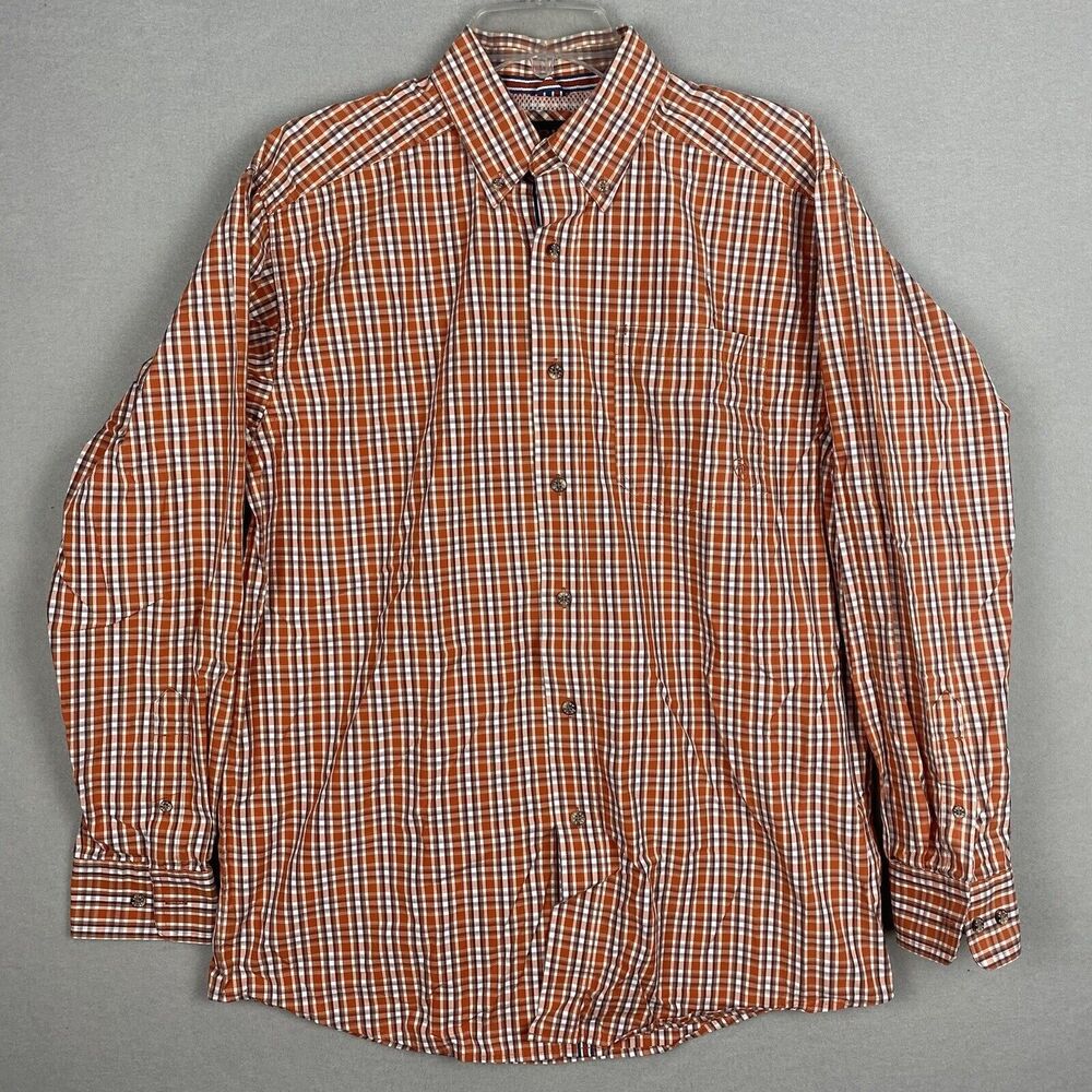 Ariat Pro Series Button Down Shirt Mens Size Medium Orange Black Check Pattern
